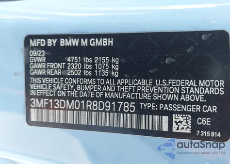2024 BMW M2 z USA, uszkodzony, nr VIN 3MF13DM01R8D91785